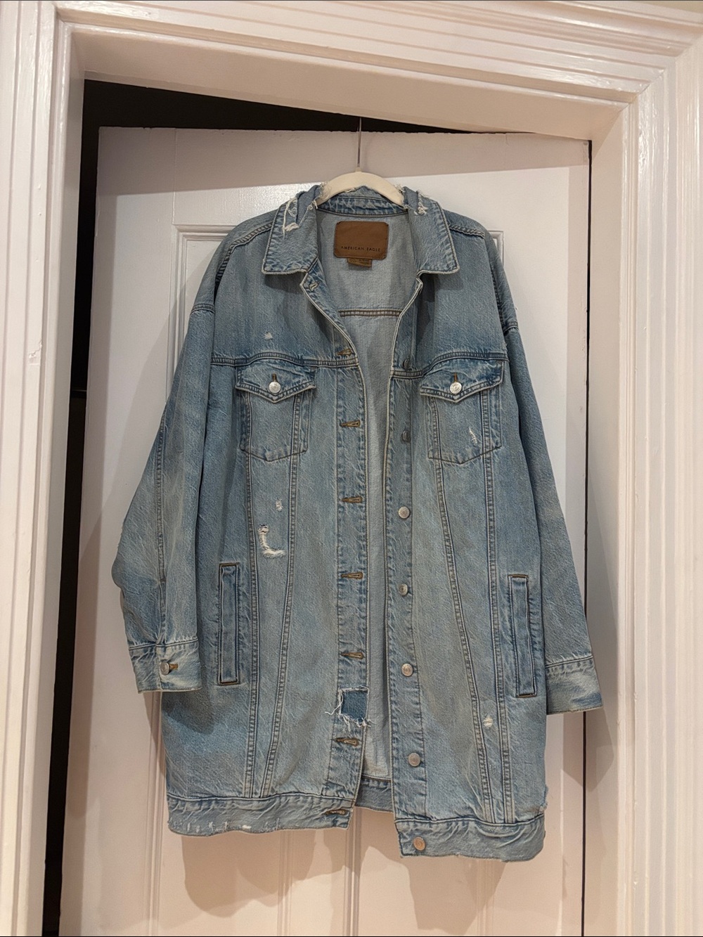 American Eagle Outfitters Light Blue Distressed Oversized Denim Jacket
